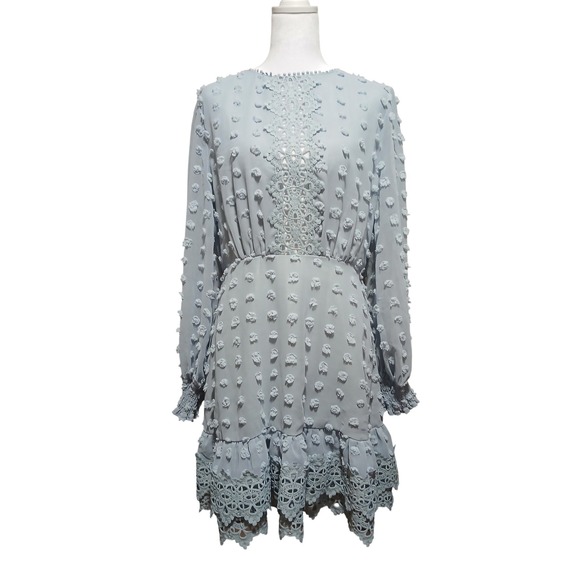 Simplee Dresses & Skirts - Simplee Light Blue Swiss Dot Crochet Lace Mini Dress Long Sleeve Size L
